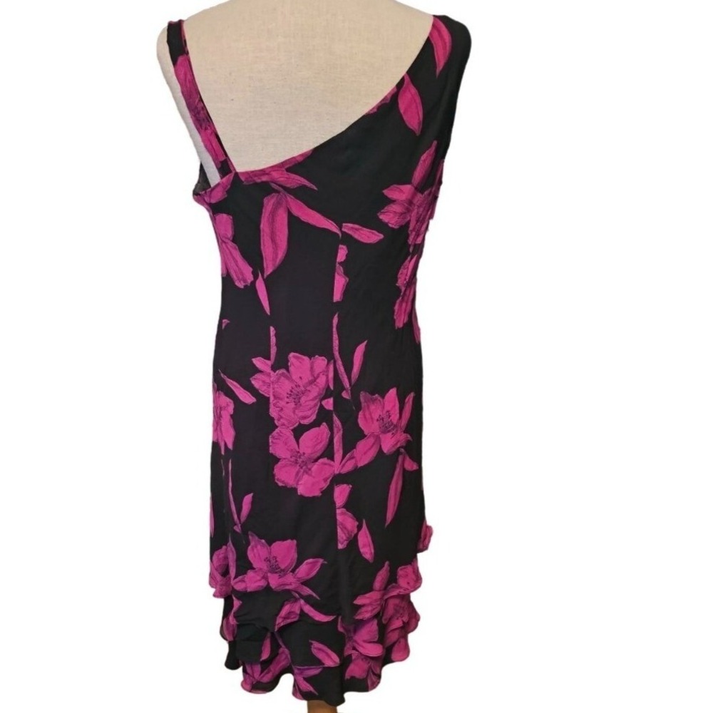 Evan Picone floral dress size 12 fuchsia black asymmetrical midi ruffle hem - Picture 2 of 9